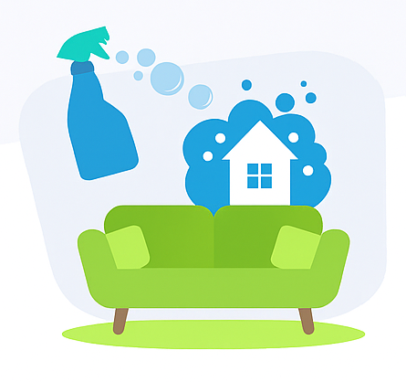 Illustration d’un salon propre avec canapé vert, spray nettoyant et maison stylisée dans des bulles
