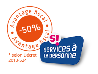 Badge fiscal orange indiquant -50 % selon décret 2013-524, avec logo officiel “Services à la personne”.