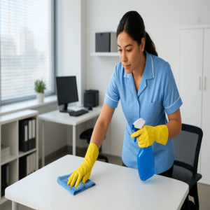 Agent d’entretien nettoyant un clavier d’ordinateur dans un bureau moderne avec un chiffon et un spray de nettoyage.
