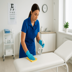 Agent d’entretien désinfectant une table d’examen dans un cabinet médical avec un chiffon et un spray.