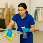 Agent d’entretien nettoyant une surface vitrée dans un commerce, avec gants et spray de nettoyage.