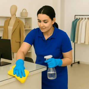 Agent d’entretien nettoyant une surface vitrée dans un commerce, avec gants et spray de nettoyage.