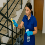 Agent d’entretien nettoyant une rampe d’escalier dans une copropriété avec un chiffon et un spray de nettoyage.