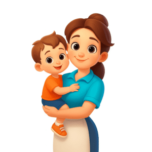 Illustration cartoon d’une intervenante souriante tenant un enfant de plus de 3 ans, dans le cadre d’une garde à domicile.